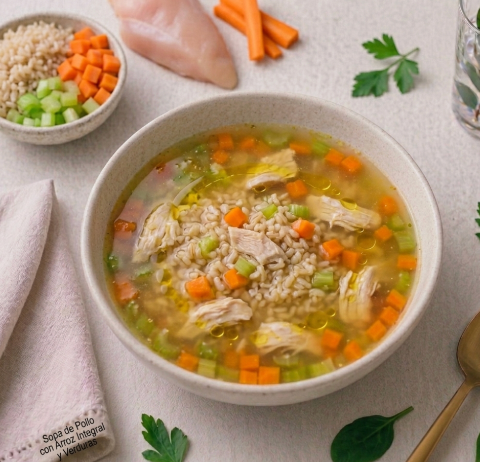 Sopa Funcional de Arroz Integral, Pollo y Verduras