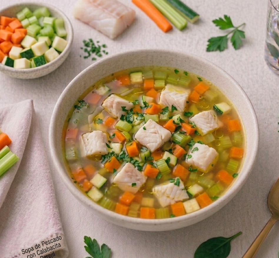 Sopa Mediterránea de Pescado, Calabacita y Perejil