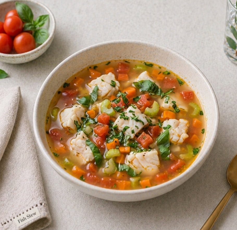 Sopa Mediterránea de Pescado, Tomate y Albahaca