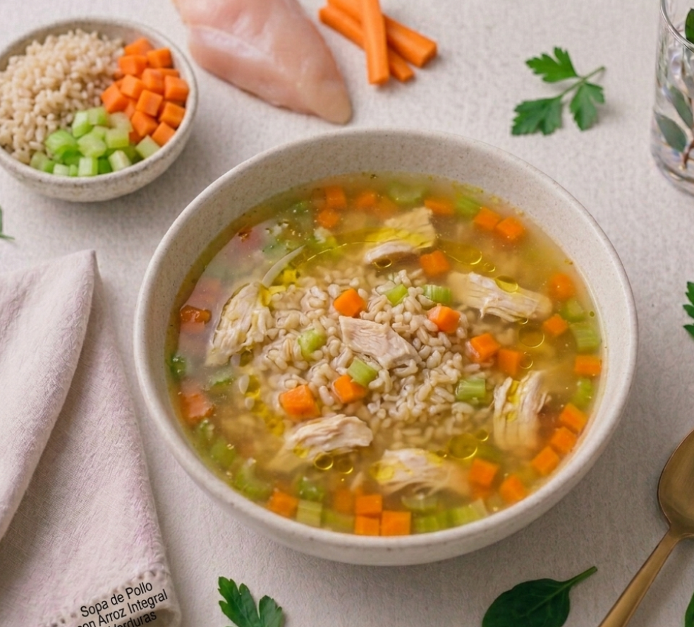 Sopa Funcional de Arroz Integral, Pollo y Verduras