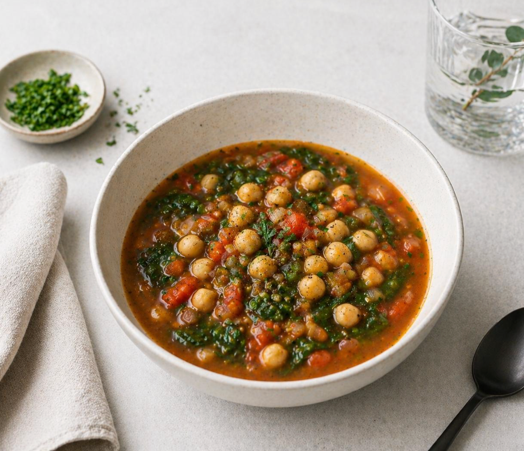 Sopa Funcional de Garbanzos, Espinaca y Tomate