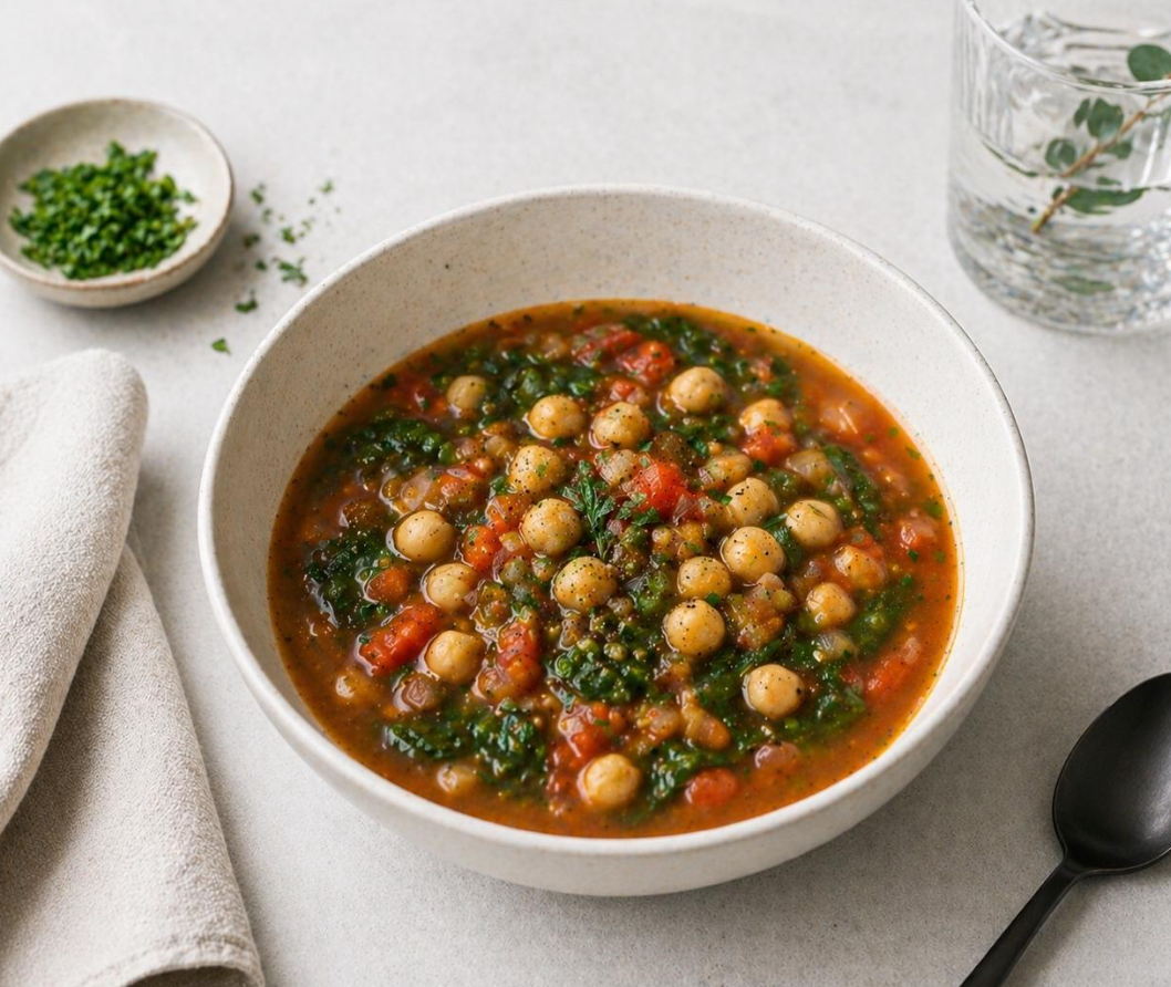 Sopa Funcional de Garbanzos, Espinaca y Tomate