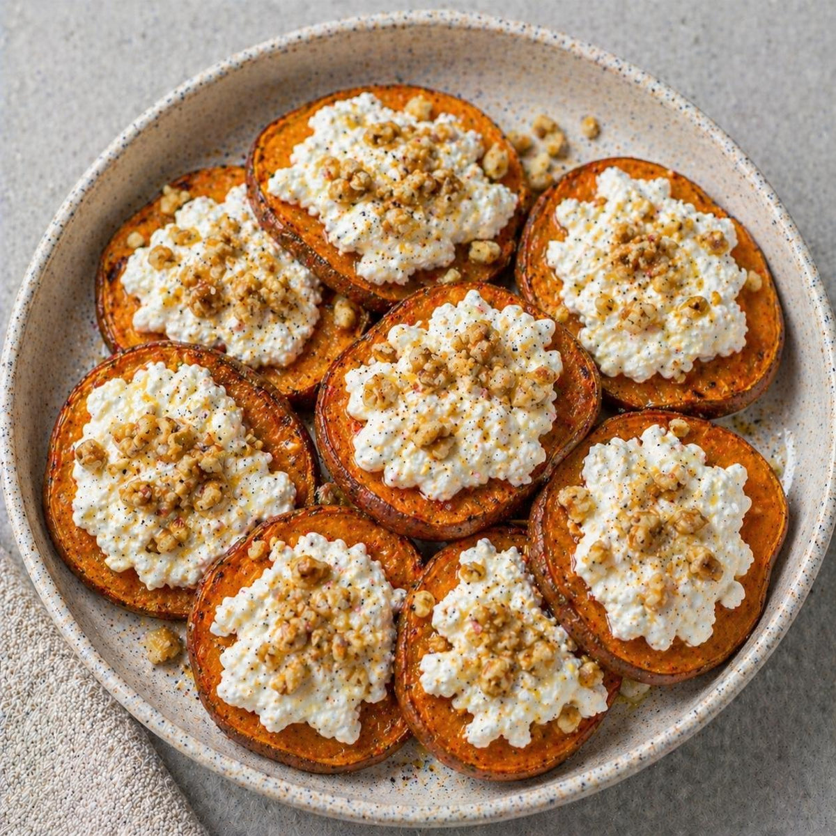 Tostadas de Camote con Requesón y Nueces
